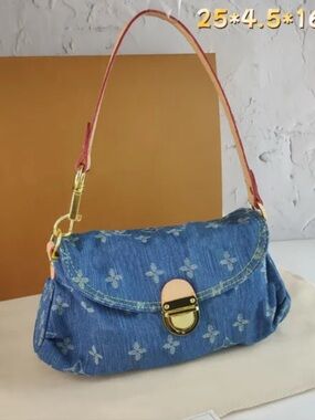 Denim Floral Print Shoulder Bag with Gold Hardware